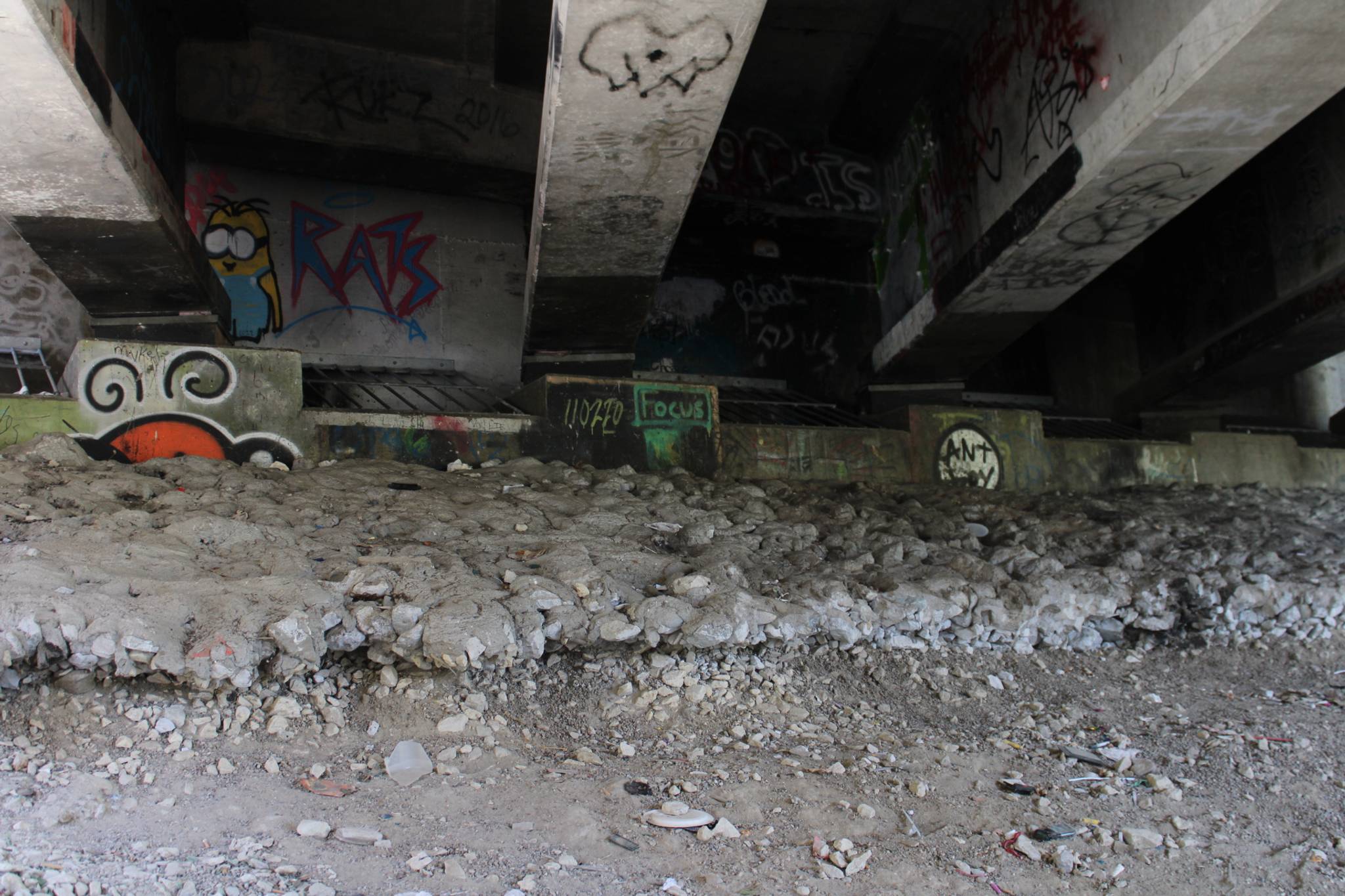 Zern, Dill, Antboy&mdash;Graffiti under MLK Jr. Parkway bridge over Racoon river 