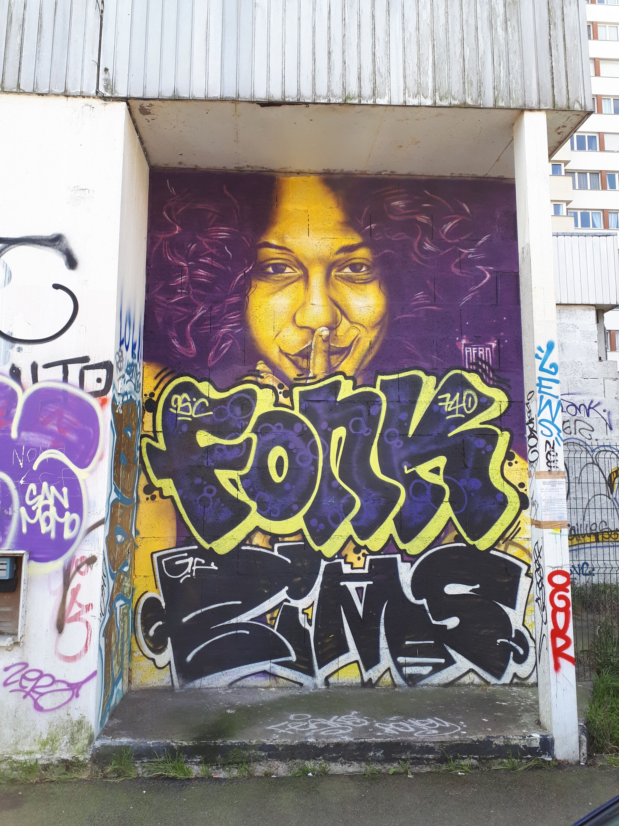 Une Femme qui dit chut by Aéro - Street Art Cities
