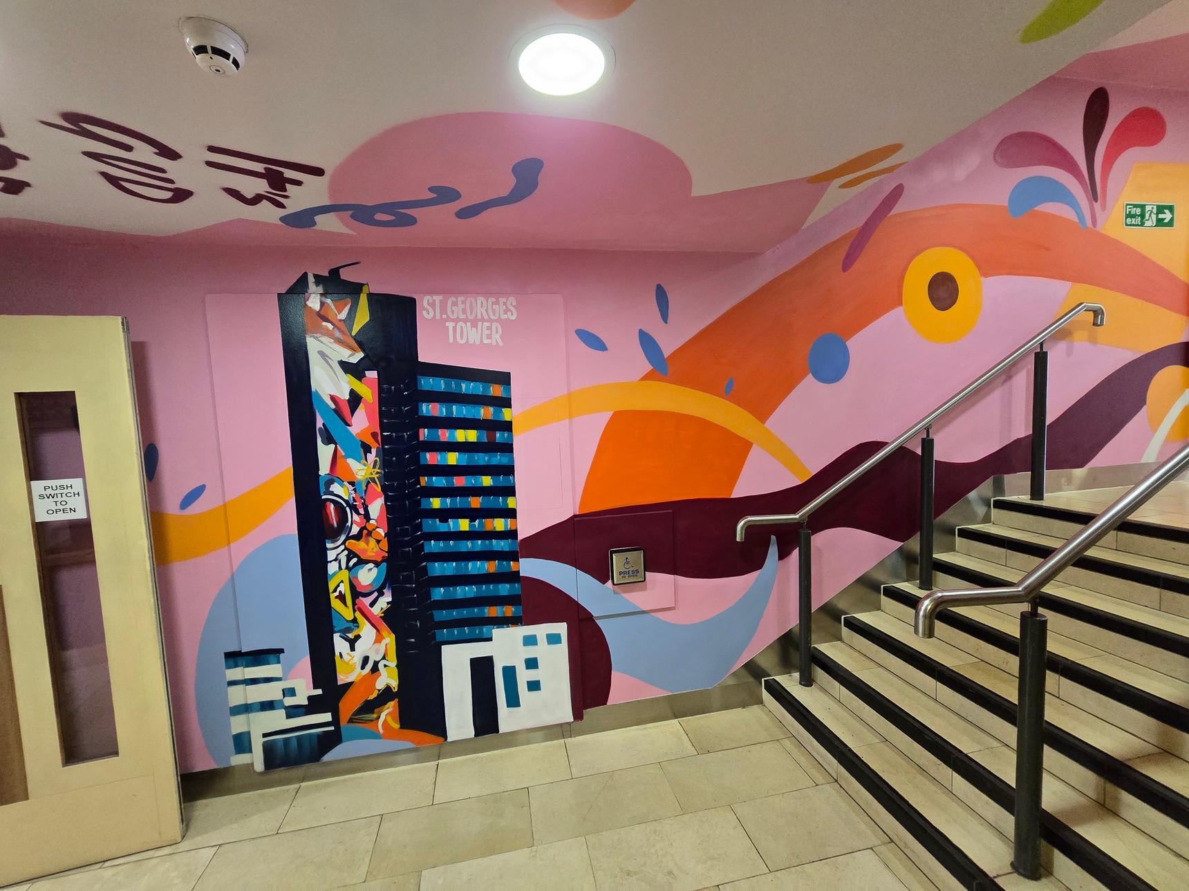 Graffwerk —Highcross Rooftop Carpark Access Corridor Mural