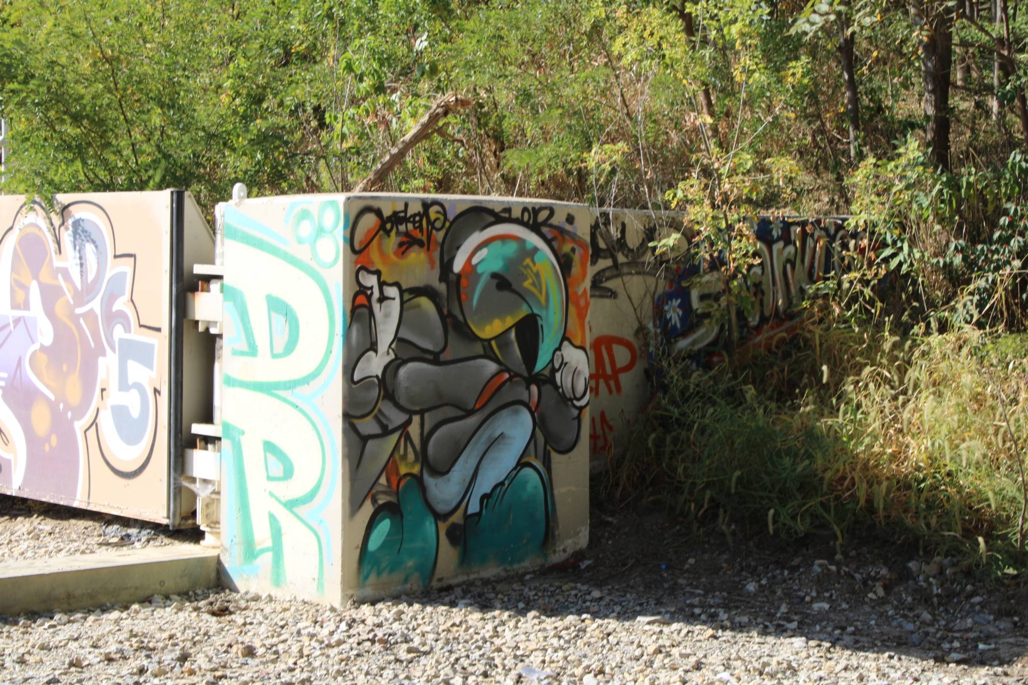 Zern, Dill, Antboy&mdash;Graffiti under MLK Jr. Parkway bridge over Racoon river 