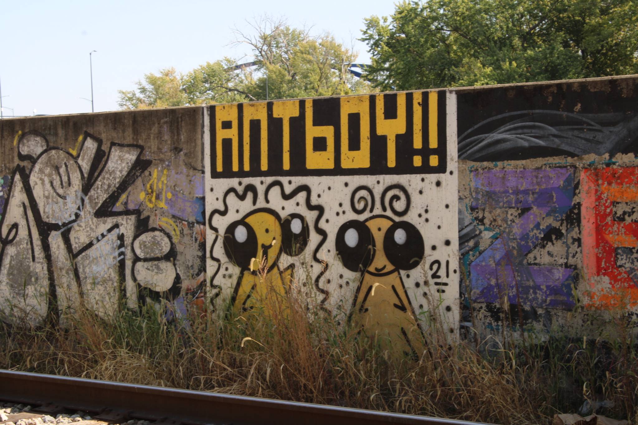 Zern, Dill, Antboy&mdash;Graffiti under MLK Jr. Parkway bridge over Racoon river 